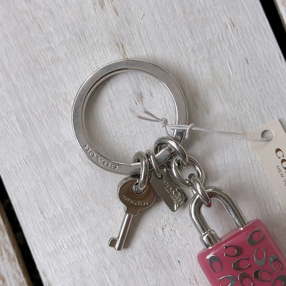 Coach Lock and Key Key Ring Purse Charm Pink and silver New NWT